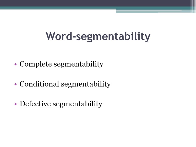 Word-segmentability  Complete segmentability  Conditional segmentability  Defective segmentability